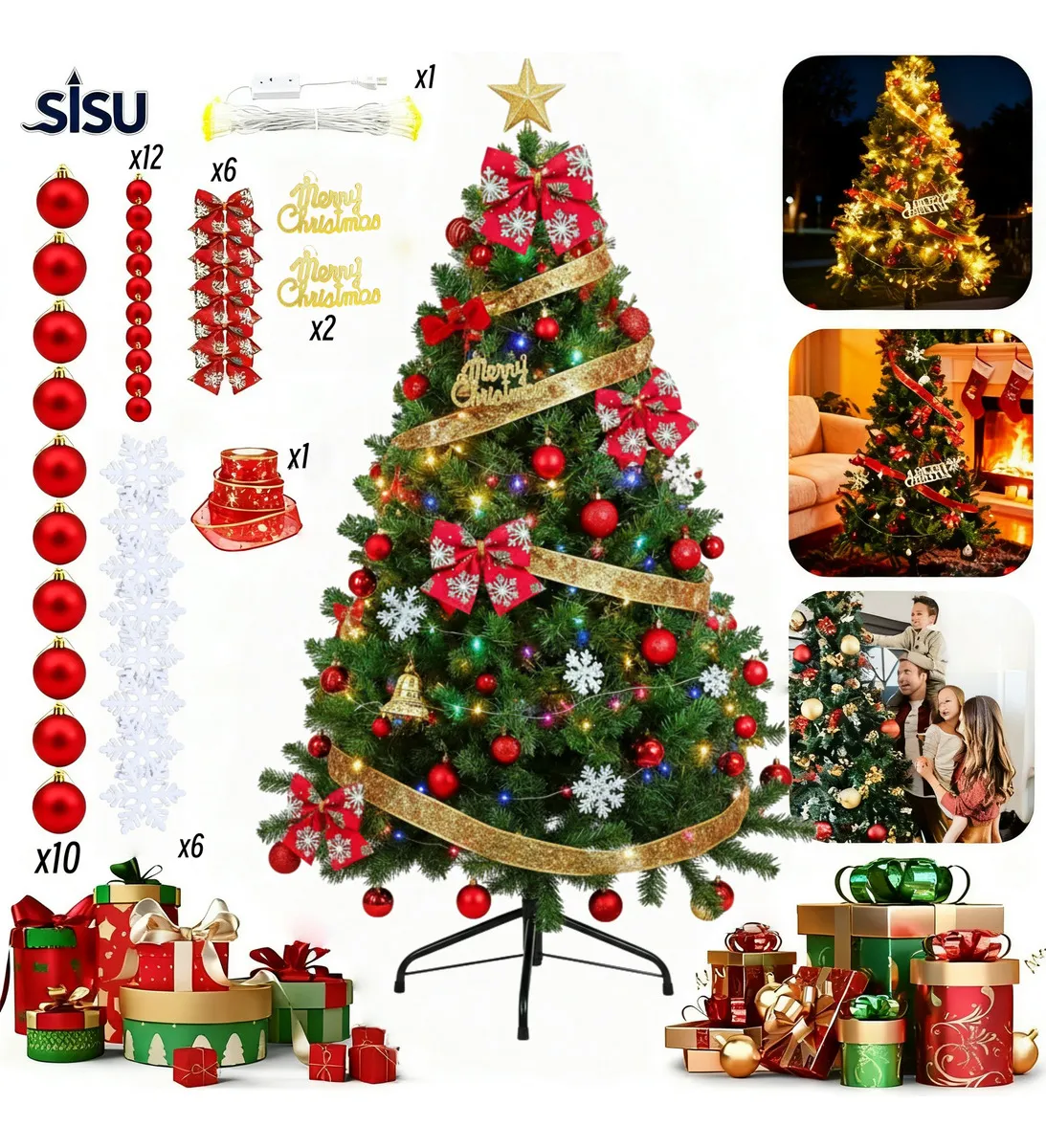 SISU®1.9m Arbol De Navidad Artificial Plegable Para Arbol Navideño,arbol De Navidad Con Ramas,arbol De Navidad Frondoso,38 Adornos Para Arbol Navideño,tira De Luz Con 8 Modos,ideal Para Navidad-rojo