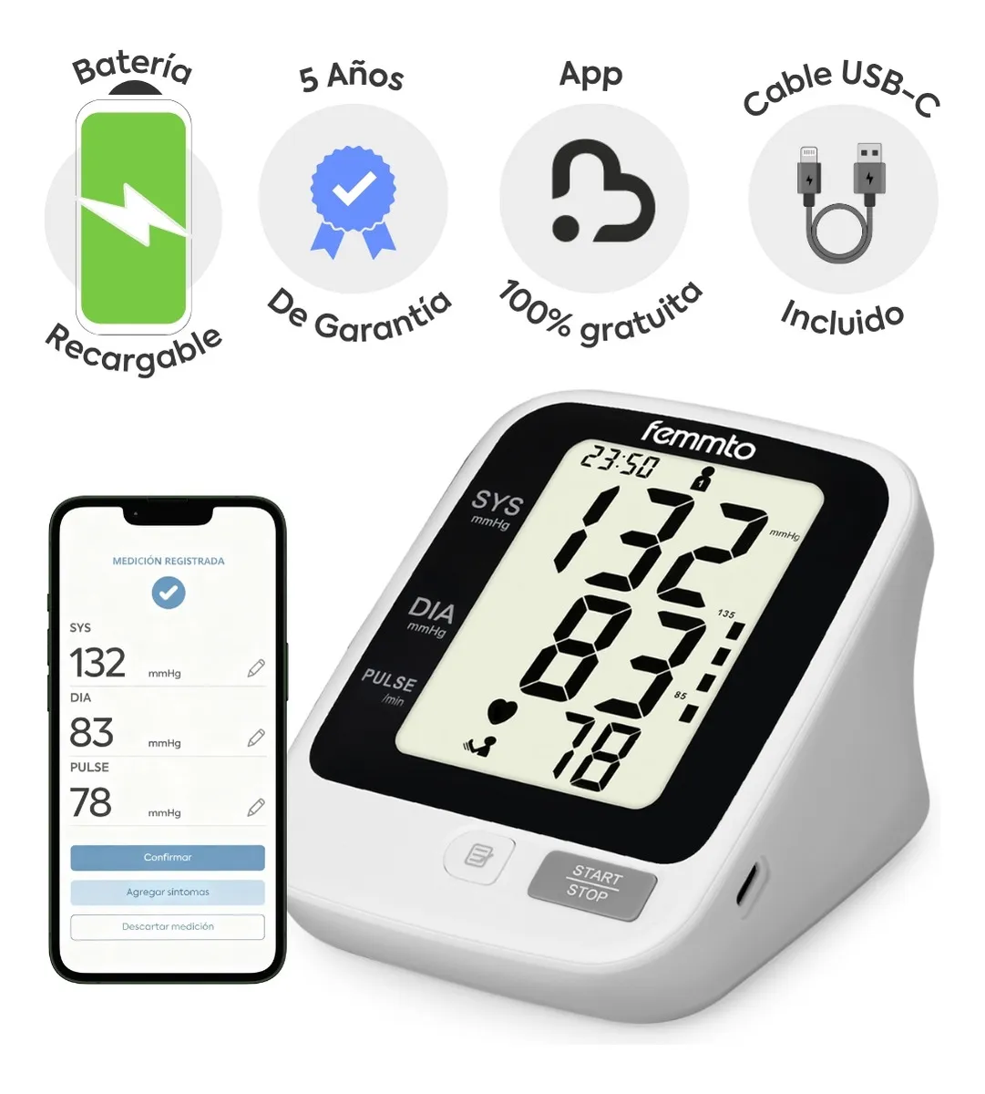 Baumanometro Digital Batería USB Monitor Medidor de presion arterial Tensiometro Aparato Checador de presion FEMMTO