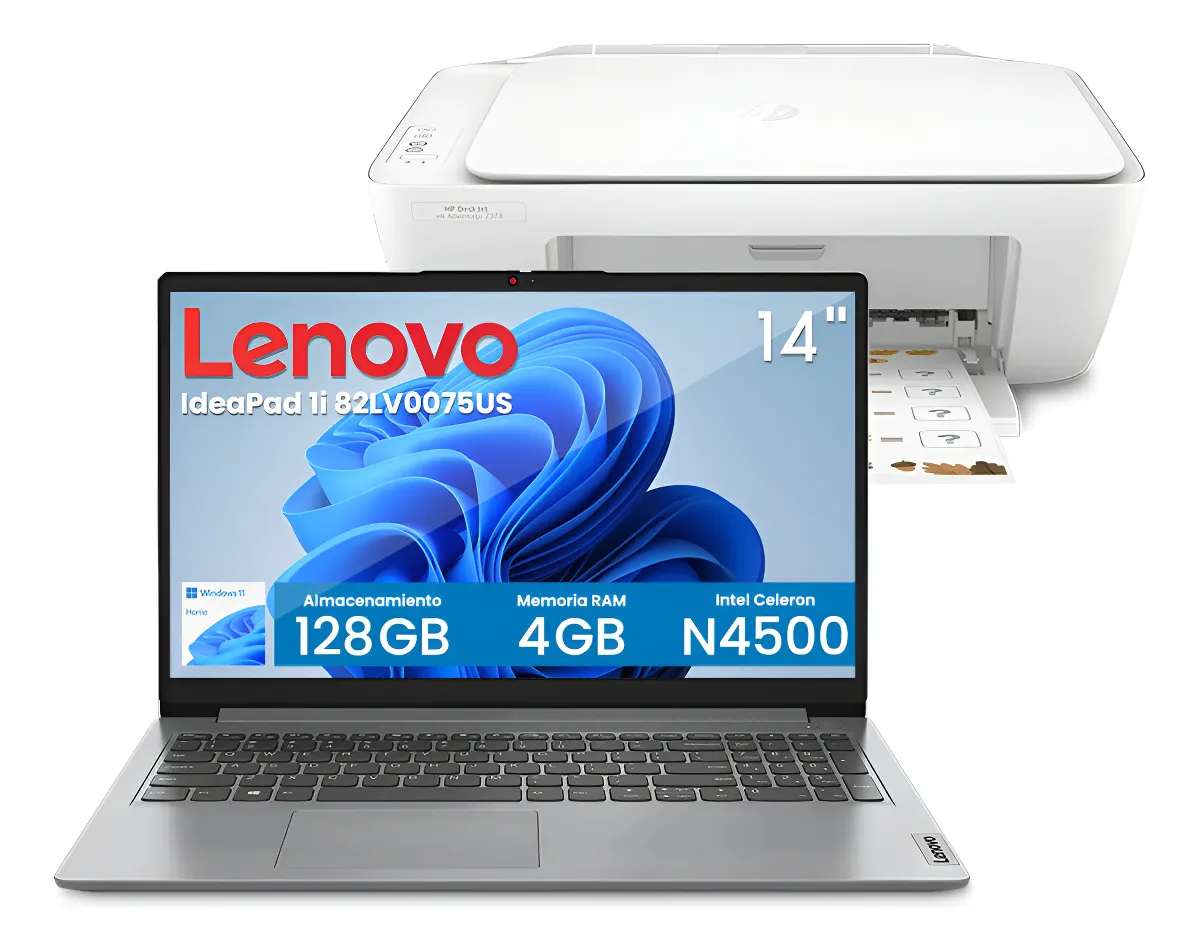 Laptop Lenovo Ideapad Celeron N4500 4gb 128gb  + Impresora Gris