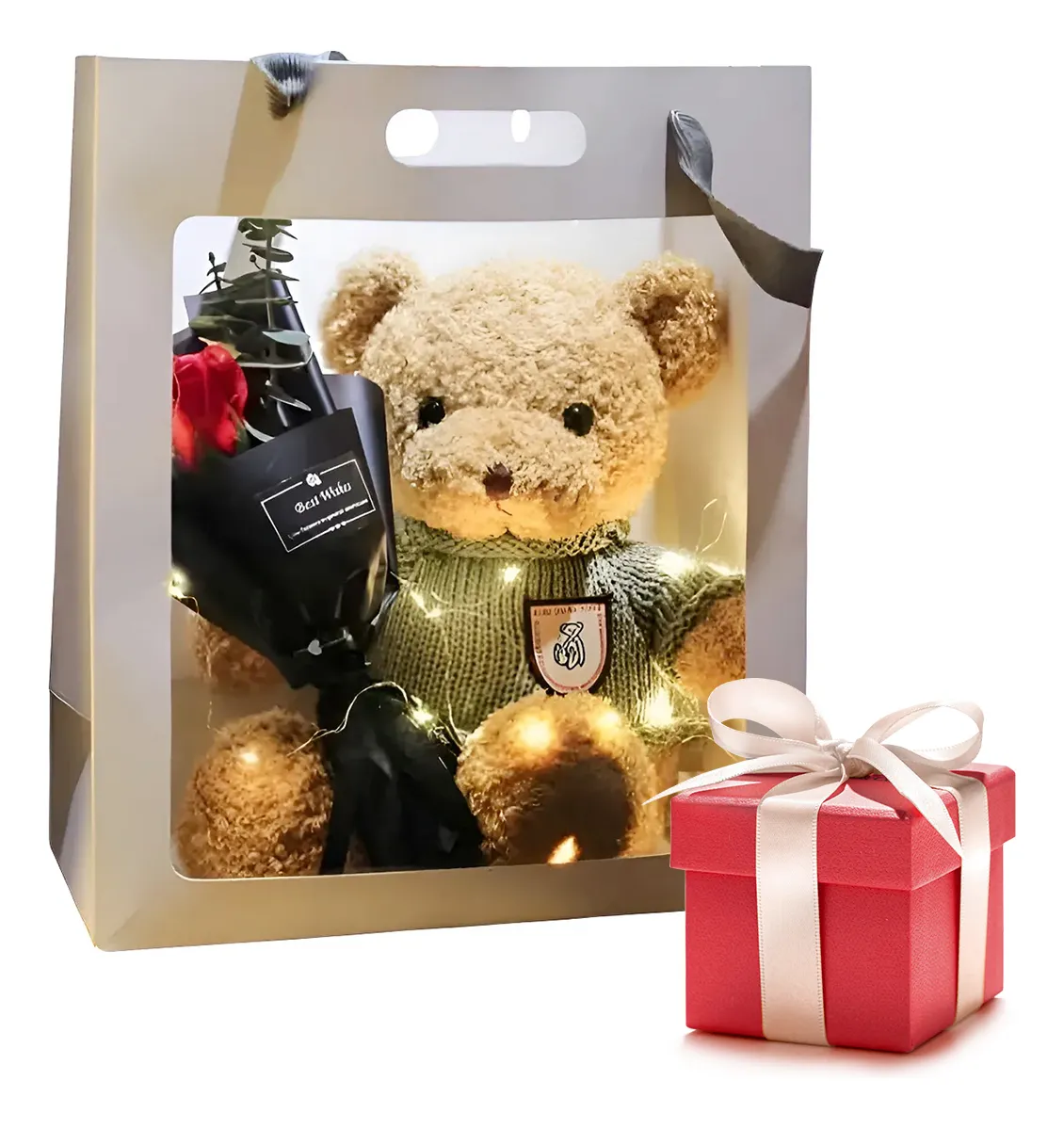 Oso De Peluche Regalo 14 De Febrero San Valentín Ramo Y Luz Marrón