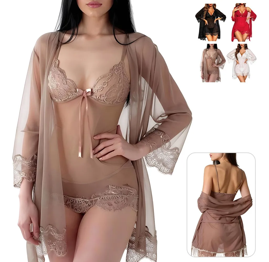 Conjunto De Camisón De Encaje Para Mujer Pijama Sexy 4pcs