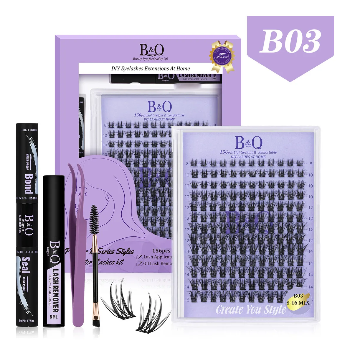 Extensiones de Pestañas Kit 156pcs B03 B&Q Naturales 8-16mm Negro Longitud Mixta con Pegamento y Removedor Curvatura D bqlash Kit Pestañas BQ