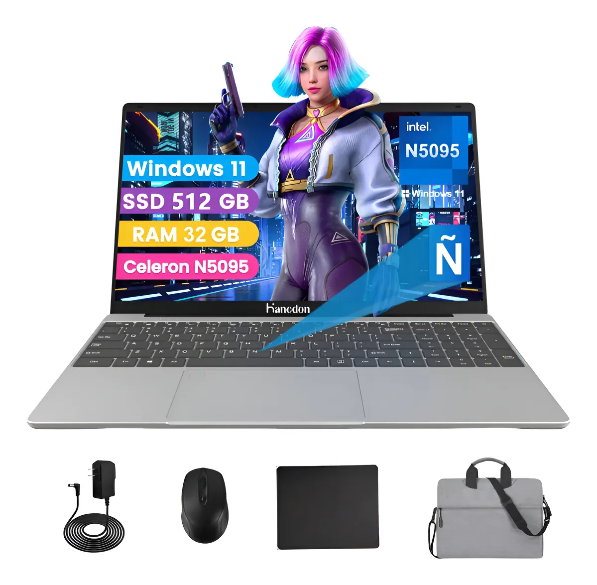 Laptop 32gb+512gb Rom 15.6» Windows11 Hancdon N5095 Intel Plateado