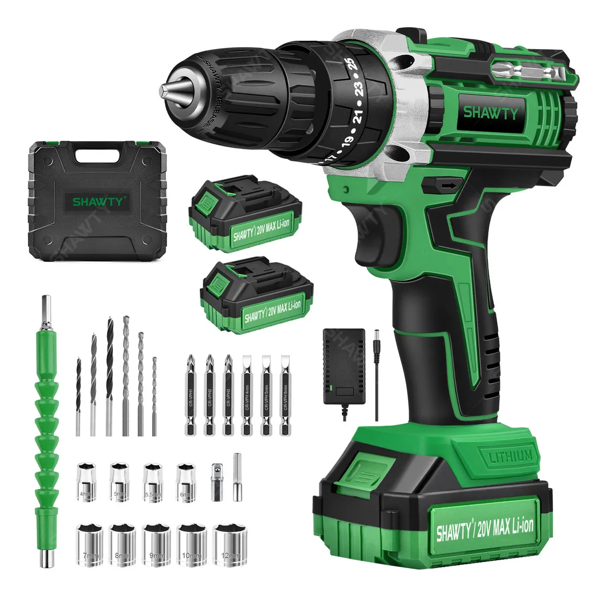 Shawty® Taladro Atornillador Inalámbrico De 3/8 10mm, 38 N.m 2 Baterías De 20v, 25+3 Taladros Rotomartillo Con Accesorios Y Cajas De Herramientas
